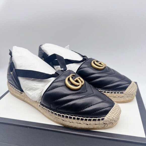 GUCCI GG Marmont Pilar Espadrille Flats Black Leather GG Logo Wms EU 39.5 US 9.5 - Picture 1 of 15